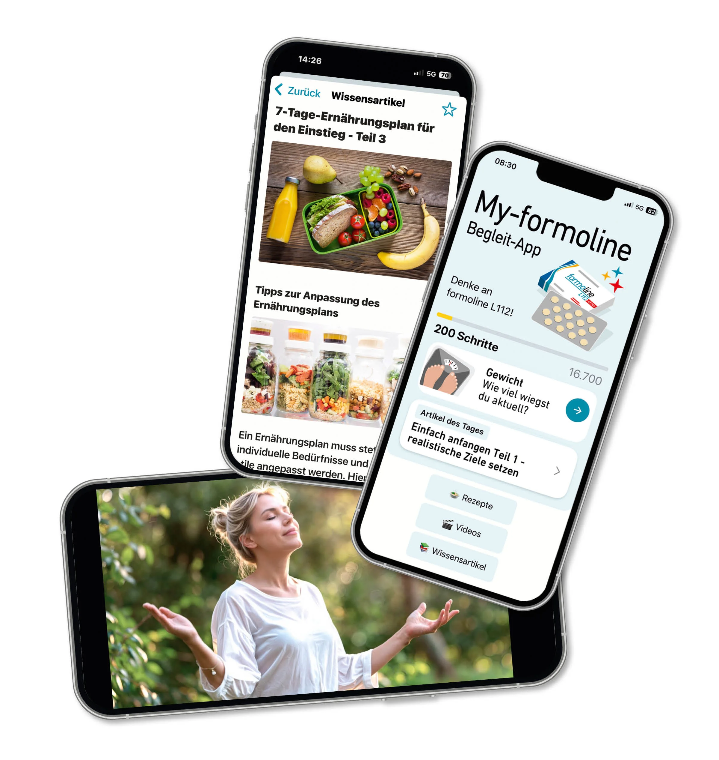 Smartphones mit der My-formoline Begleit-App, Ernährungsplan, Wissensartikeln und Funktionen zur Unterstützung beim Gewichtsmanagement.